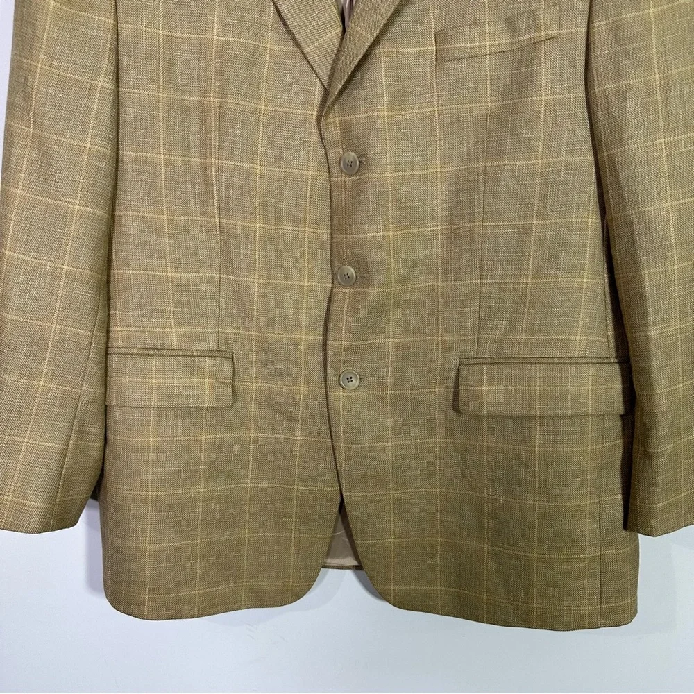 Lauren Ralph Lauren Wool Silk Linen Blend Tan Brown Plaid Blazer Jacket